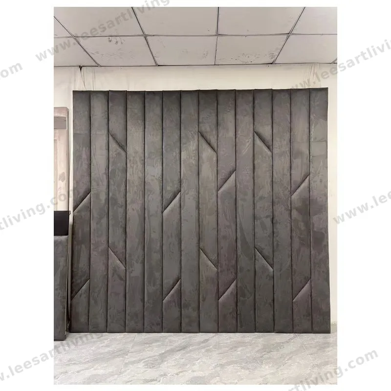 #07778-2 Conjunto de Dormitorio de Lujo Panel de Pared Tapizado Gris Oscuro a Medida con Canal Vertical y Detalle Geométrico Chevron para Cabecero Pared Decorativa y Mobiliario Suave Integral OEM ODM