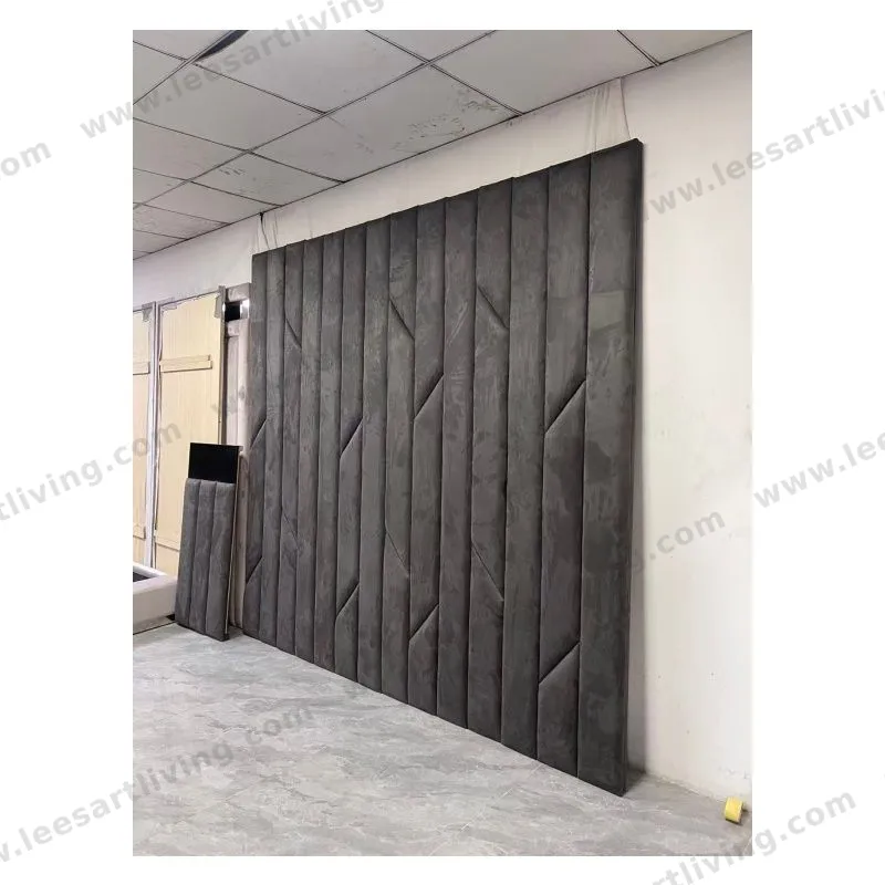 #07778-2 Conjunto de Dormitorio de Lujo Panel de Pared Tapizado Gris Oscuro a Medida con Canal Vertical y Detalle Geométrico Chevron para Cabecero Pared Decorativa y Mobiliario Suave Integral OEM ODM