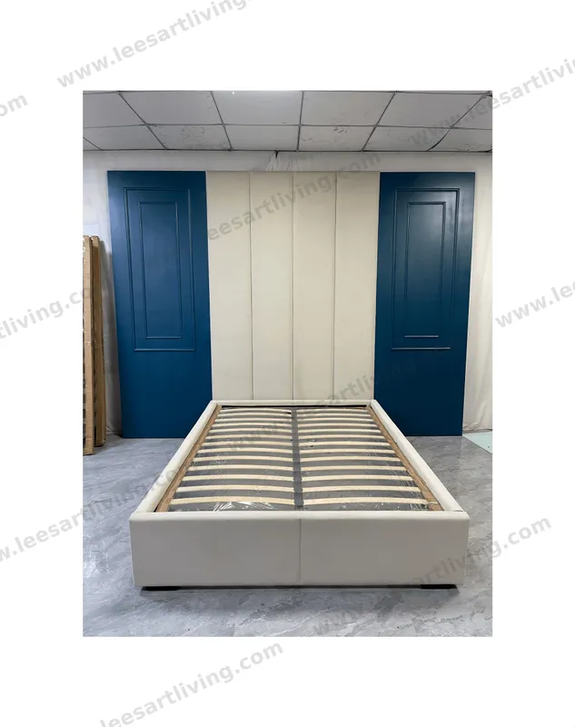 Custom Upholstered Platform Bed With Blue Wood Molding Feature Wall Panel Fabric Headboard OEM ODM Whole House Soft Furniture