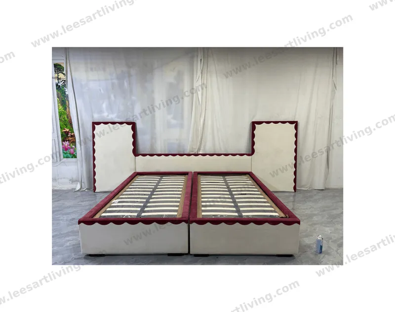 Custom Twin Size Upholstered Platform Bed Set With Scalloped Edge Headboard And Side Panels Cream And Burgundy OEM ODM Whole House Soft Furniture
