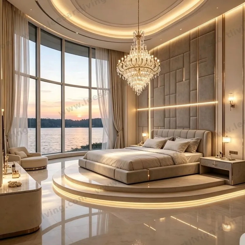 Luxury Modern Upholstered Bed With Modular Headboard Wall Panel And LED Lighting Customizable For Villa