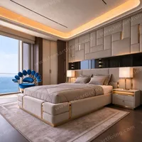 Conjunto de cama de lujo tapizada con panel de pared geométrico, mesitas de noche y silla de terciopelo con ribete dorado OEM ODM mobiliario suave para toda la casa