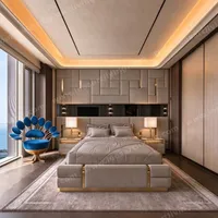 Conjunto de cama de lujo tapizada con panel de pared geométrico, mesitas de noche y silla de terciopelo con ribete dorado OEM ODM mobiliario suave para toda la casa