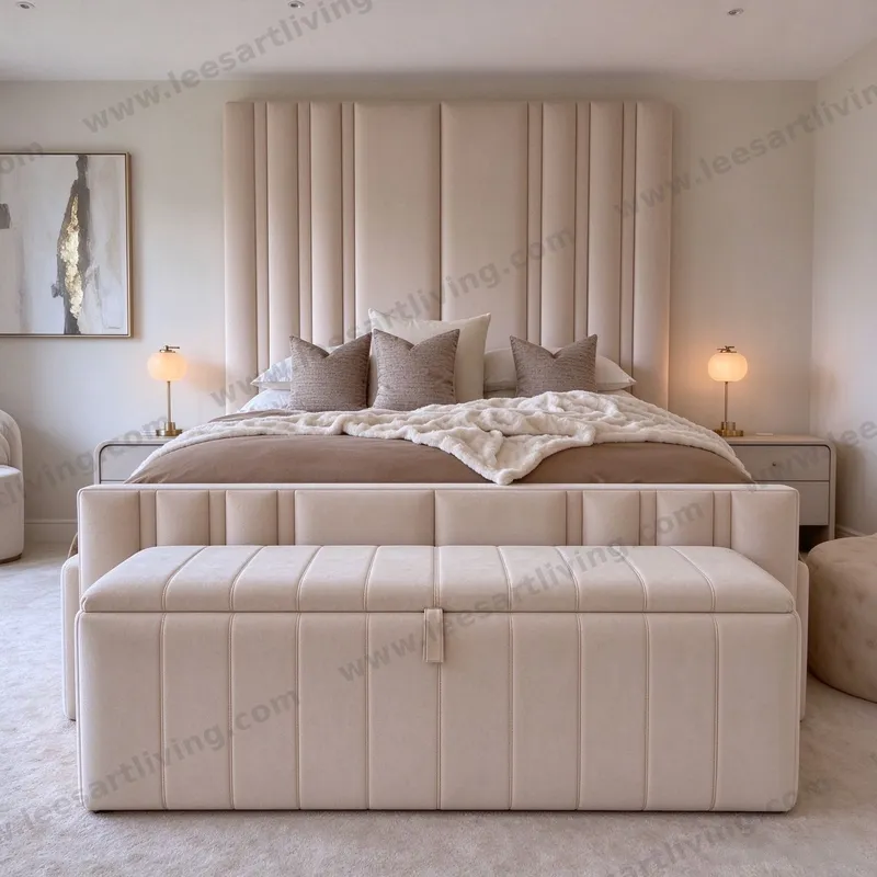 Cama tapizada personalizada con cabecero alto de canales, banco de almacenaje, mesitas y otomana redonda OEM ODM mobiliario suave para toda la casa
