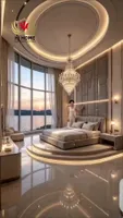 Cama tapizada moderna de lujo con cabecero modular y panel de pared con iluminación LED personalizable para villa